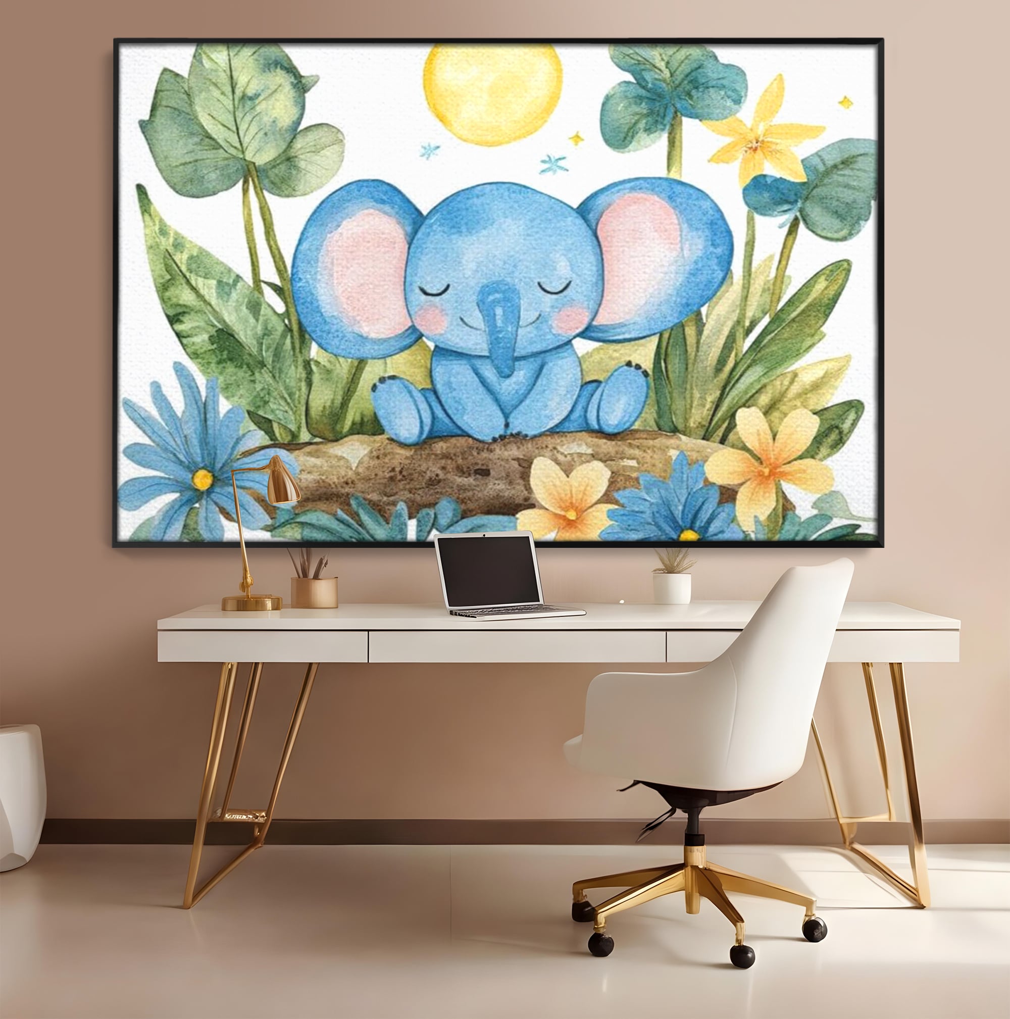 Tablou canvas cu ilustratie cu elefant albastru dormind pe o tulpina, in rama de aluminiu negru, pe perete intr-un birou